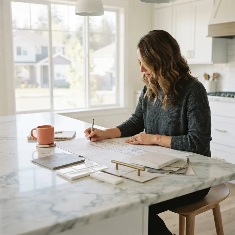 Person reviewing floor plans at a kitchen island