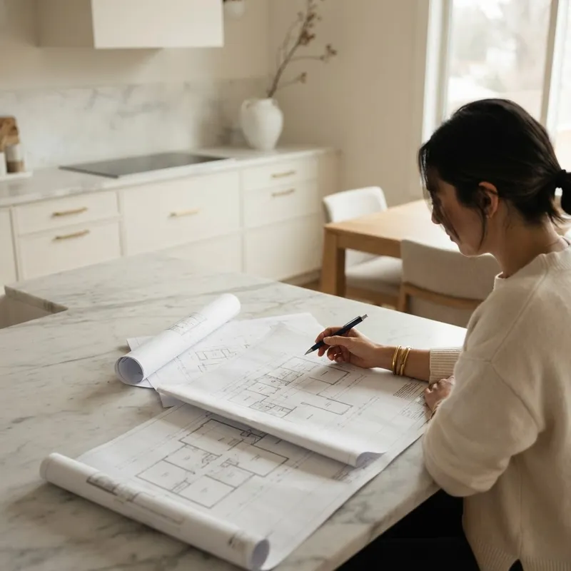 A person reviewing home floor plans on a kitchen island