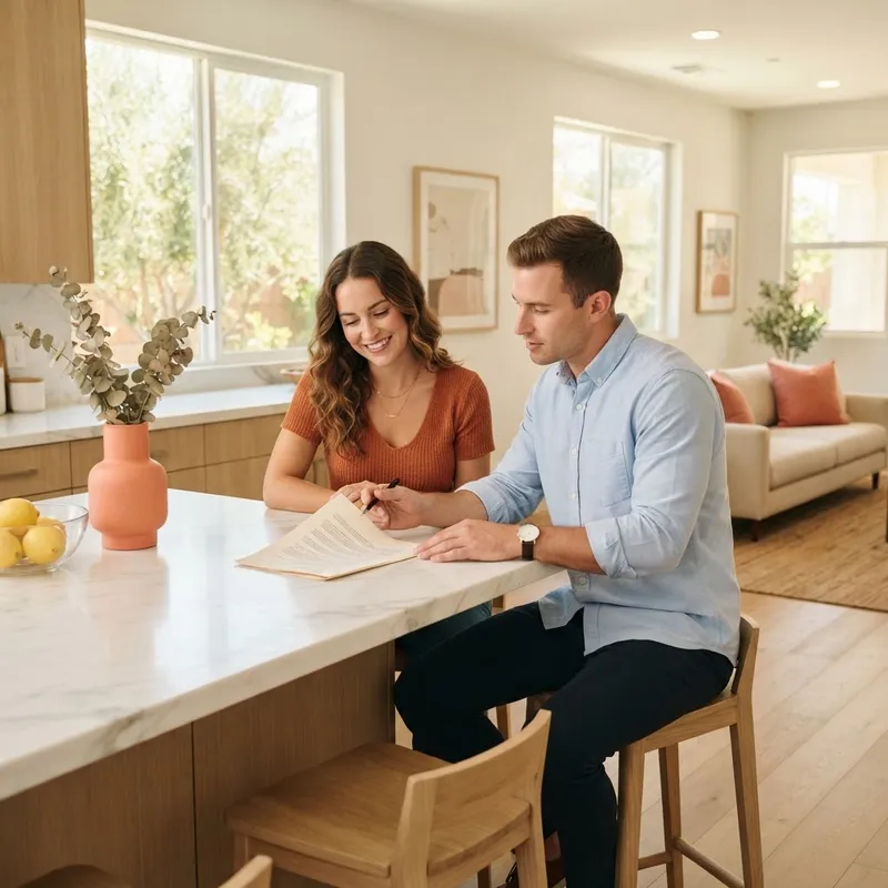 A couple reviewing a document at a kitchen island