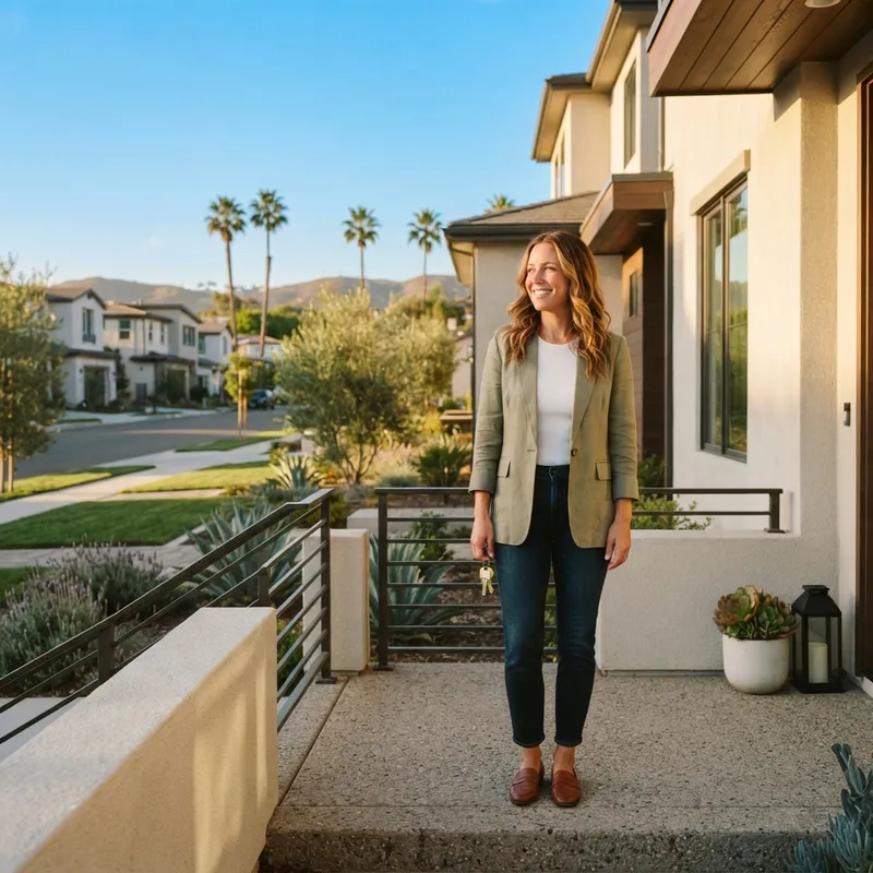 A person standing confidently outside a new home