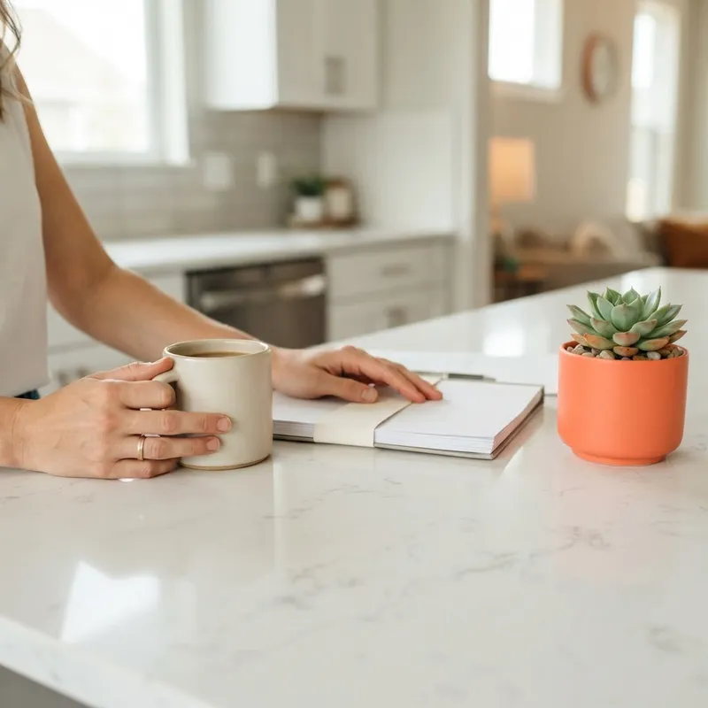 Close up of hands on a kitchen island with a mug