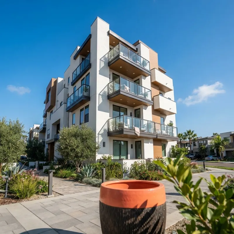 Modern condo building exterior under bright sun