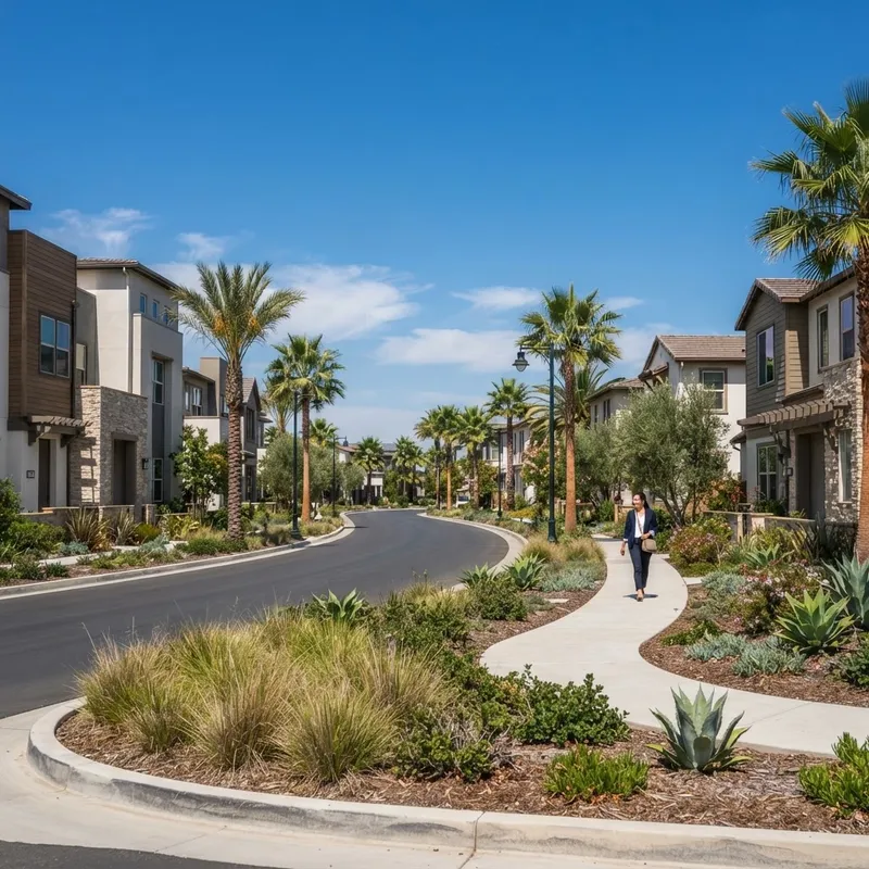Modern suburban neighborhood with townhomes and houses