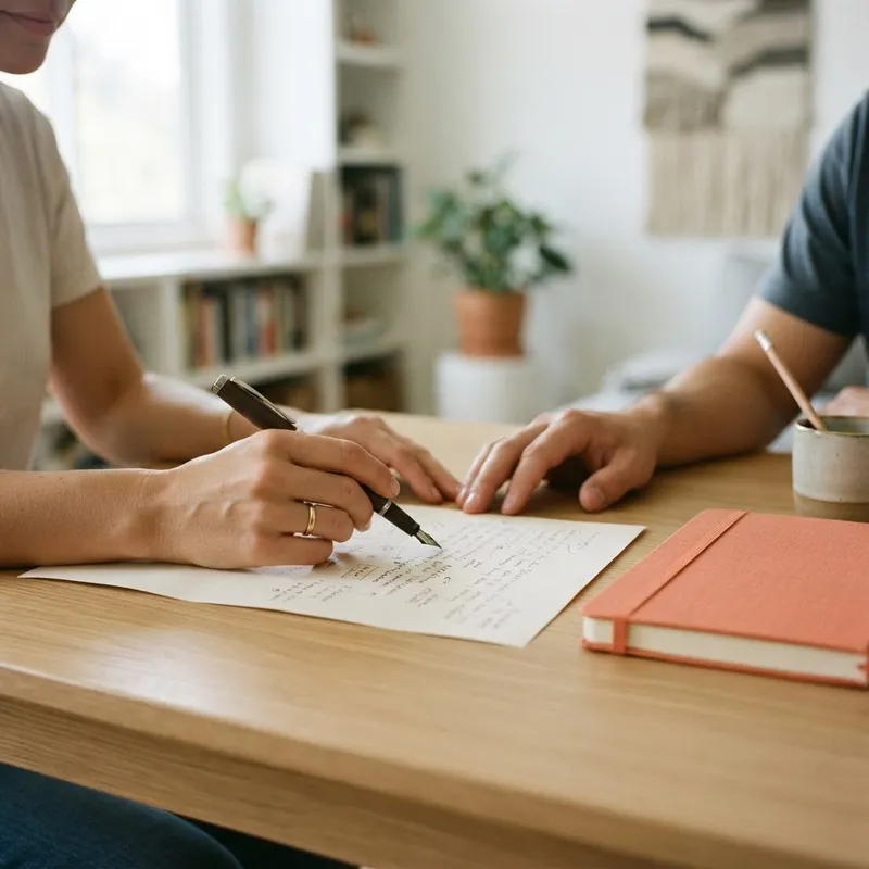 Hands pointing at documents on a desk