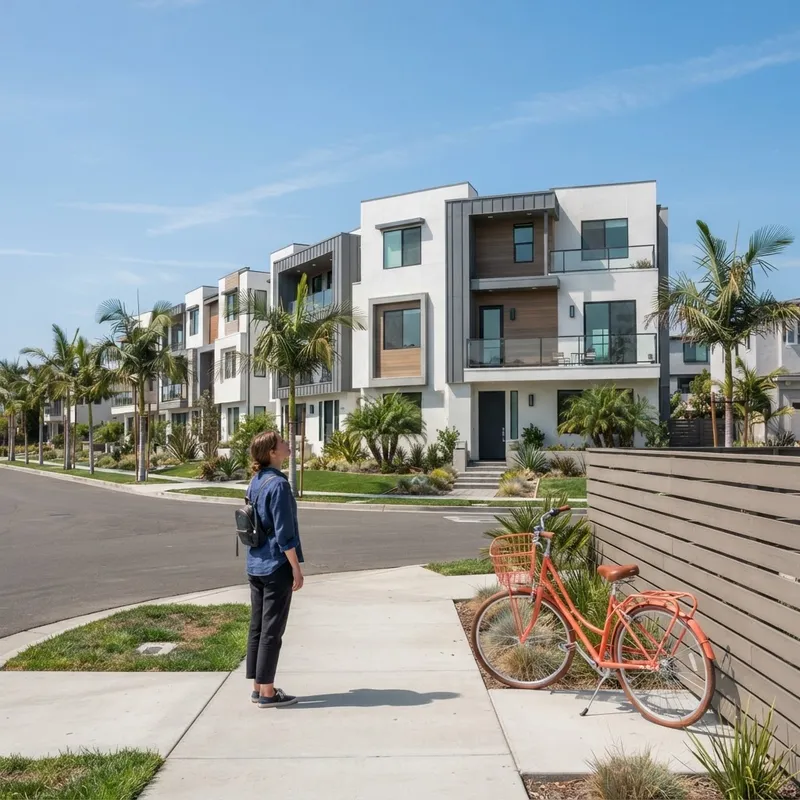 Person looking at newly constructed townhomes