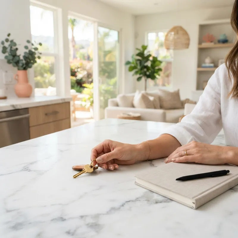 Hand holding a new house key on a kitchen island