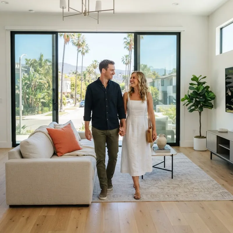 A couple walking through a bright modern new construction home