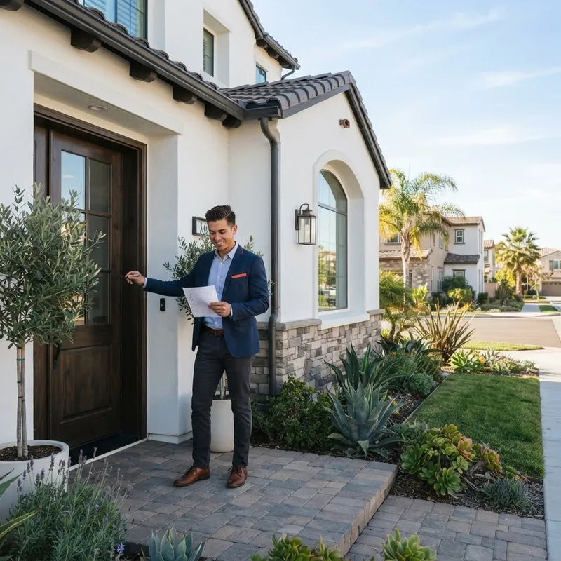 A homebuyer checking an exterior list at a modern home