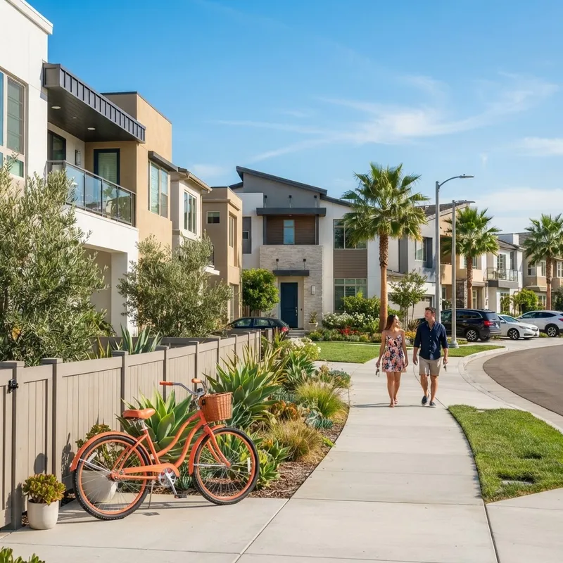 A couple walking down a quiet modern street in a new residential development