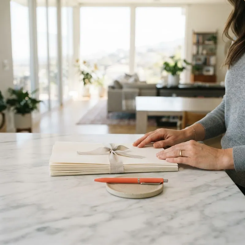 Clean, organized closing documents on a marble kitchen island in a new home