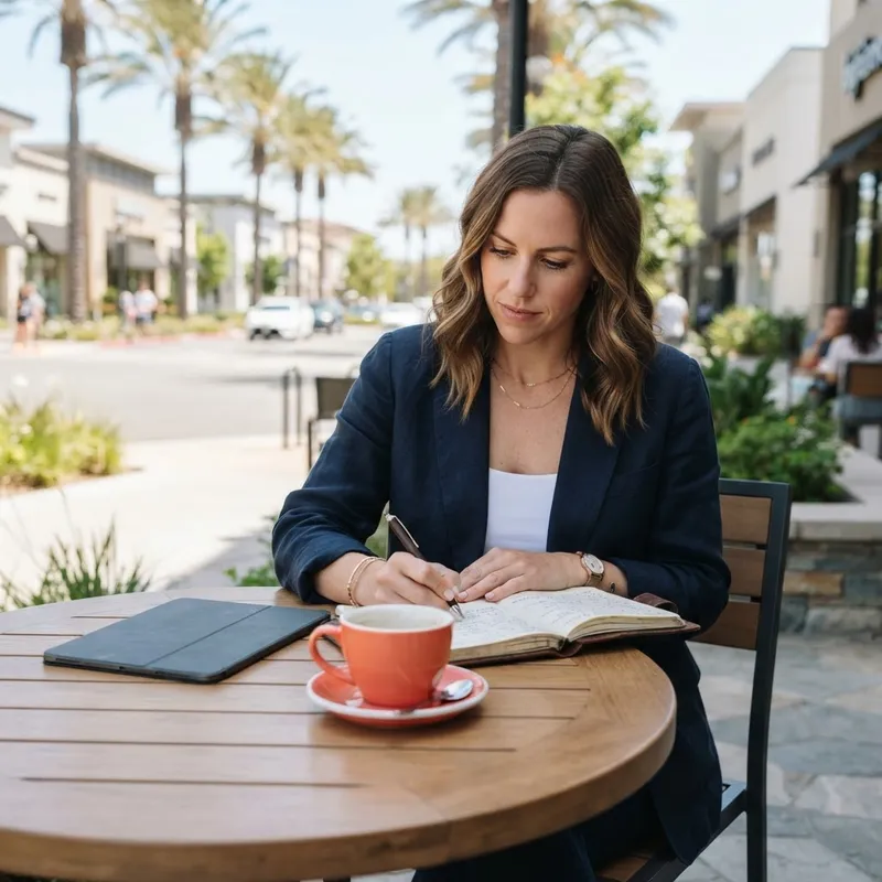 Person working calmly in a sunlit outdoor cafe in Southern California