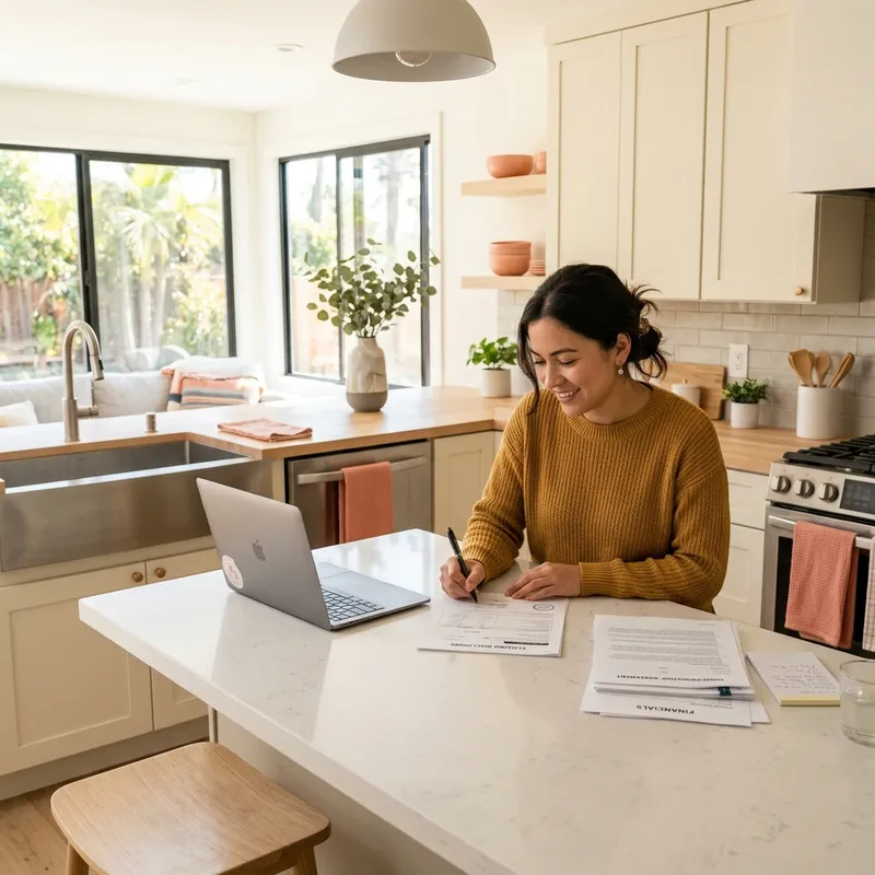 Buyer reviewing closing documents at new home kitchen island