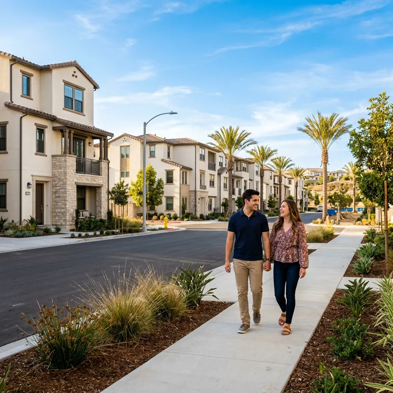 Couple walking through newly built suburban development together