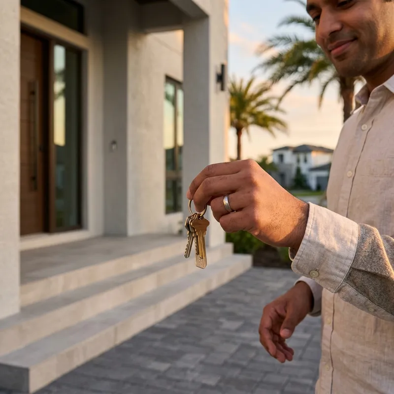 New homeowner holding keys at modern construction home entry