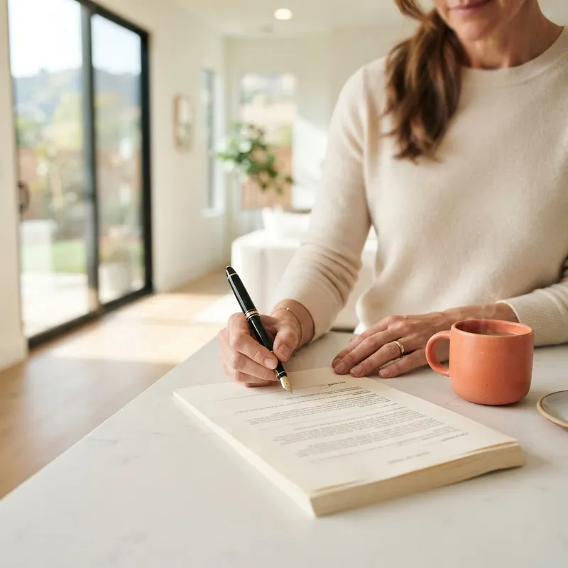 Close up of hands signing real estate documents at a kitchen island
