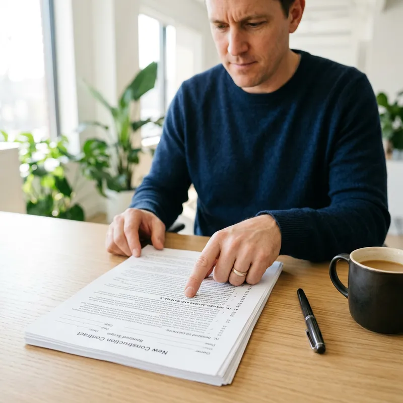 Buyer reviewing new construction purchase contract details