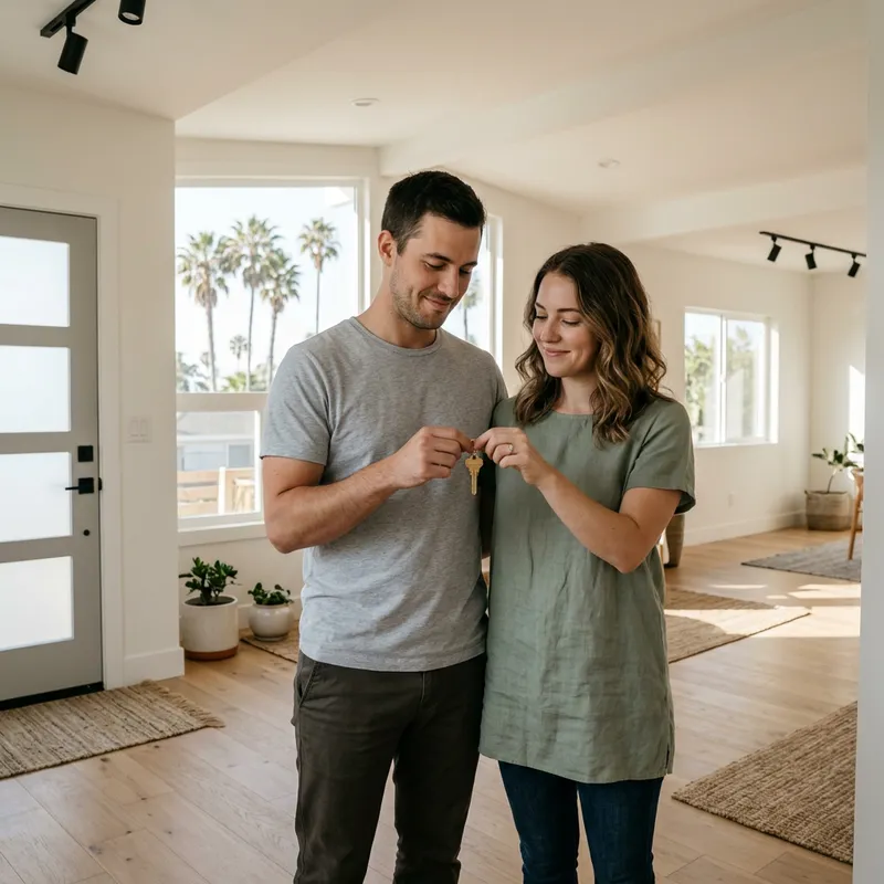 Couple holding key in new construction home entryway