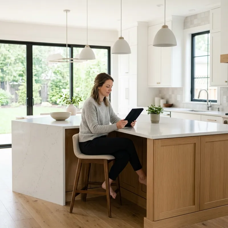 Woman reviewing documents at modern kitchen island