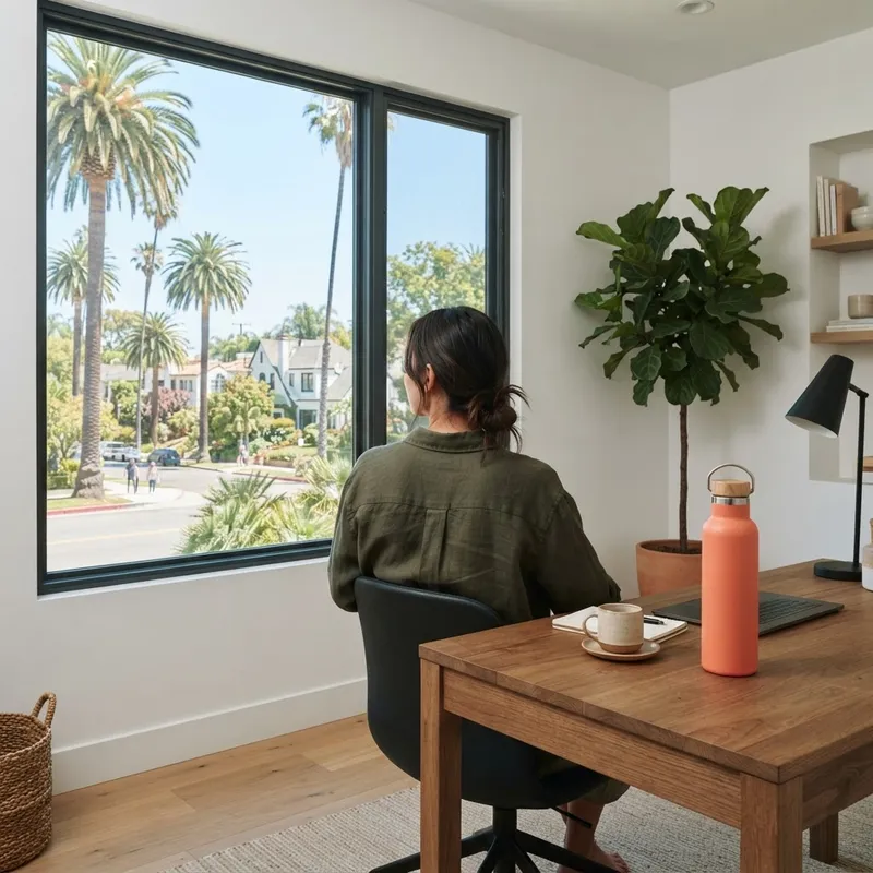 A person sitting at a desk in a bright, modern home office