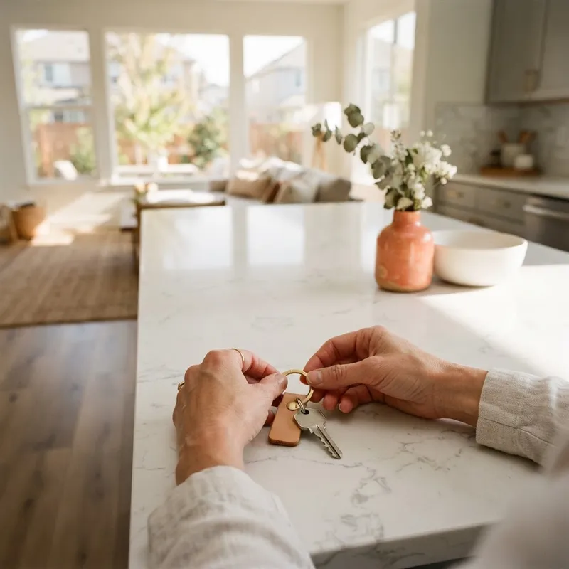 Close up of a house key on a modern kitchen island