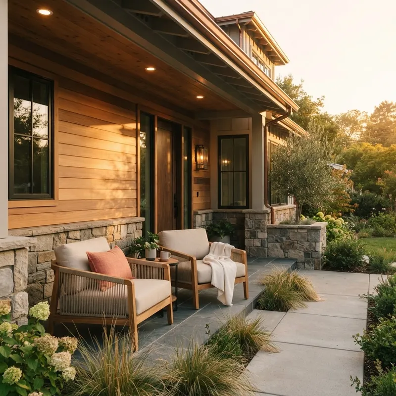 Lounge chairs on the porch of a new construction home at golden hour