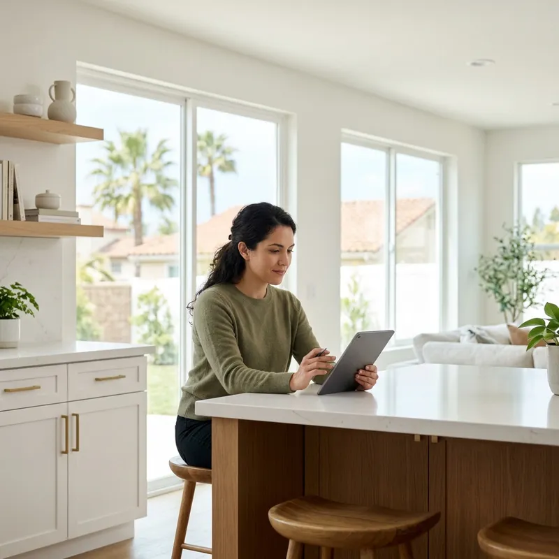 Buyer reviewing documents confidently at kitchen island
