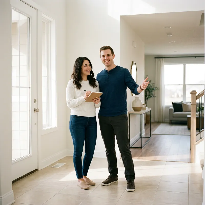 Couple smiling inside newly built model home entryway