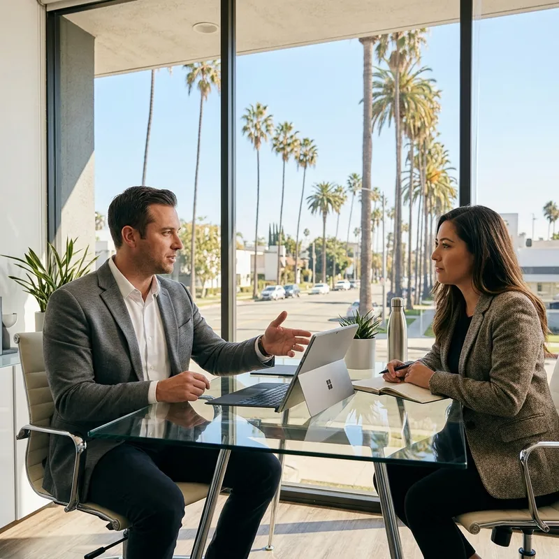 Real estate professional explaining terms to client at table