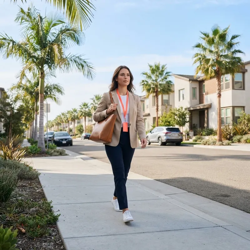 Woman walking through a modern new construction community