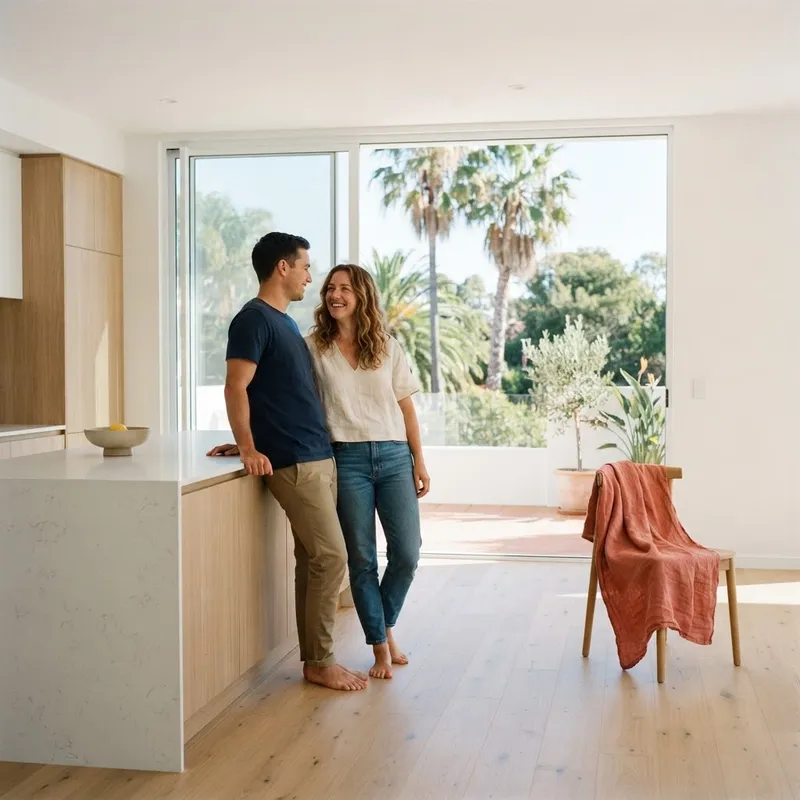A couple chatting in a bright modern home interior