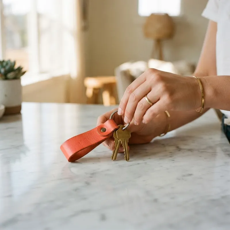 Close up of house keys with a coral leather keychain