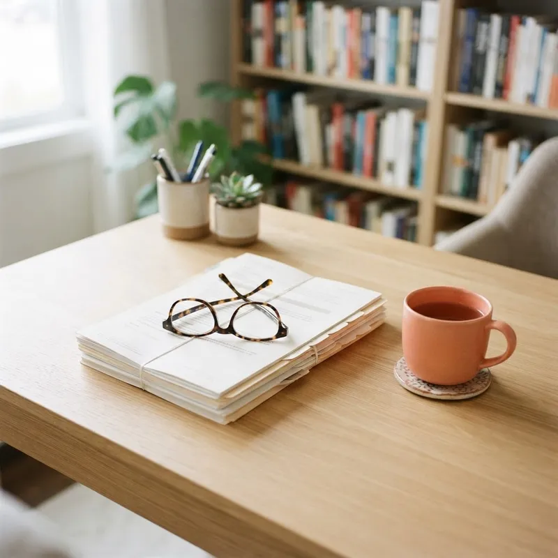 Neatly organized documents and a coral mug on a desk