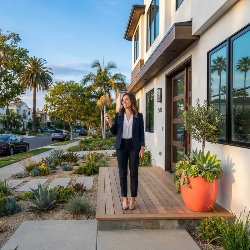 A homeowner standing confidently at their new front door