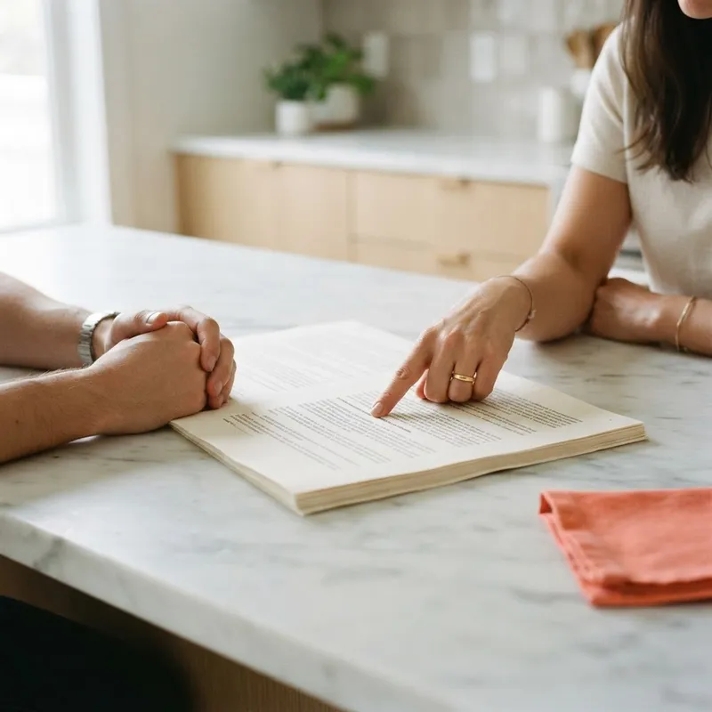 Hands reviewing a printed home contract on an island
