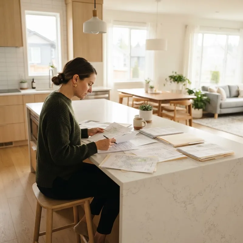 Person reviewing home documents at a kitchen island