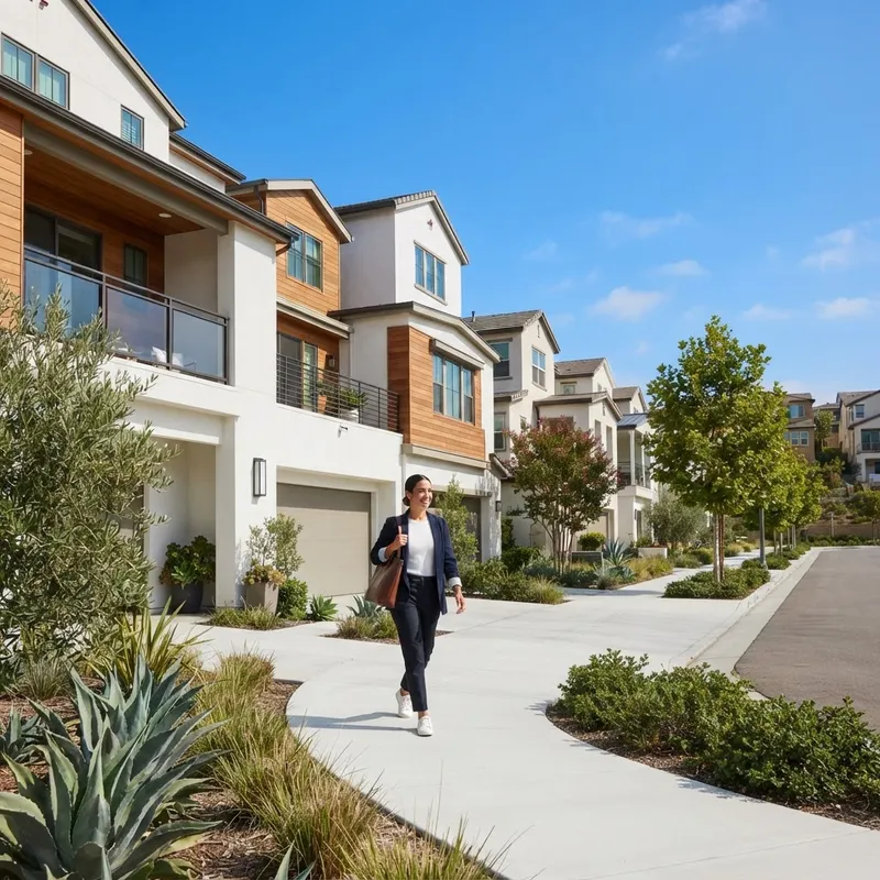 Modern townhome community architecture under a blue sky