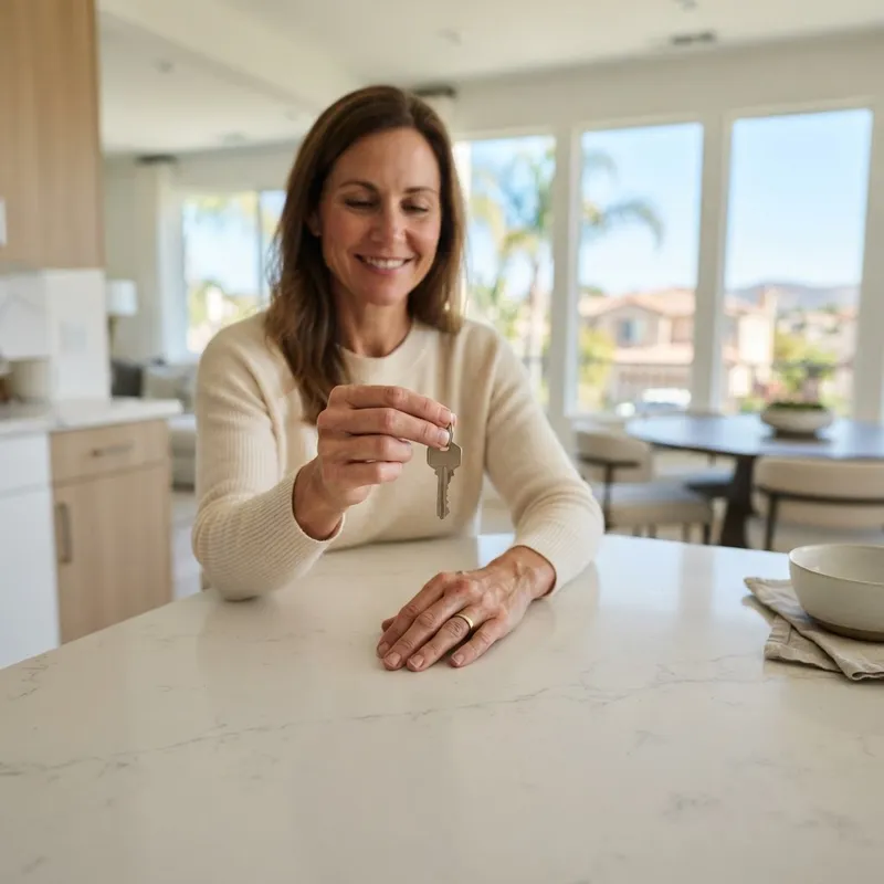 Person holding a house key in a modern kitchen