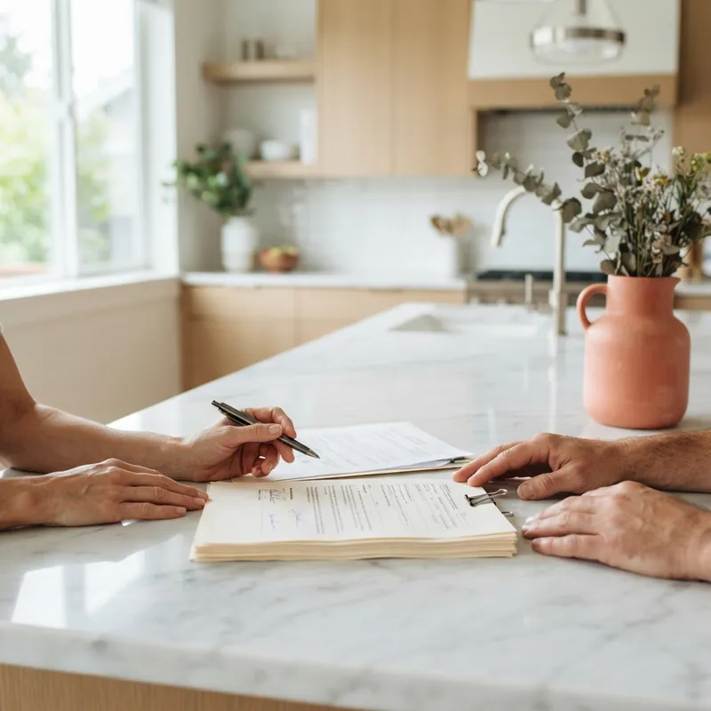 Hands resting on a kitchen island with documents