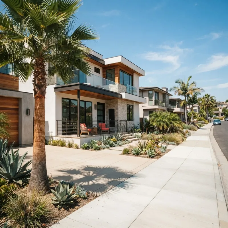 Modern suburban street with contemporary home architecture