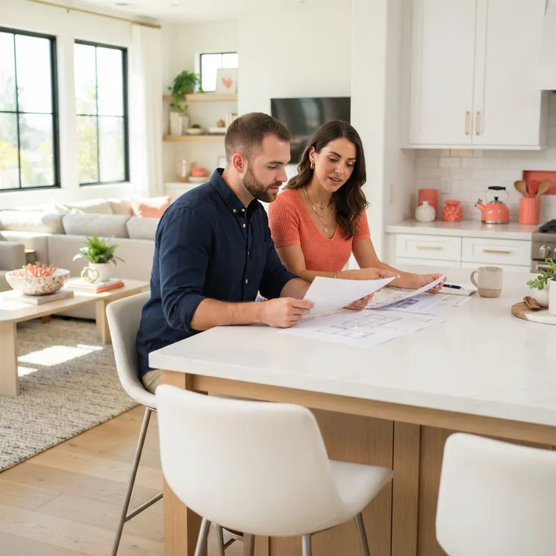 Couple reviewing home purchase documents at a kitchen island