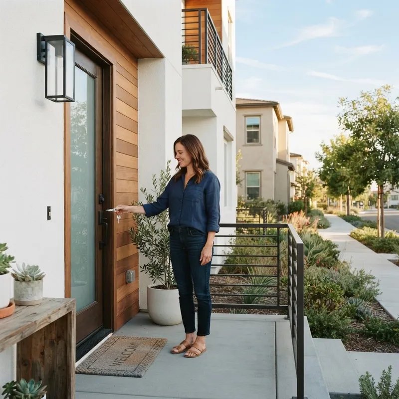 New homeowner standing at the entrance of a modern home