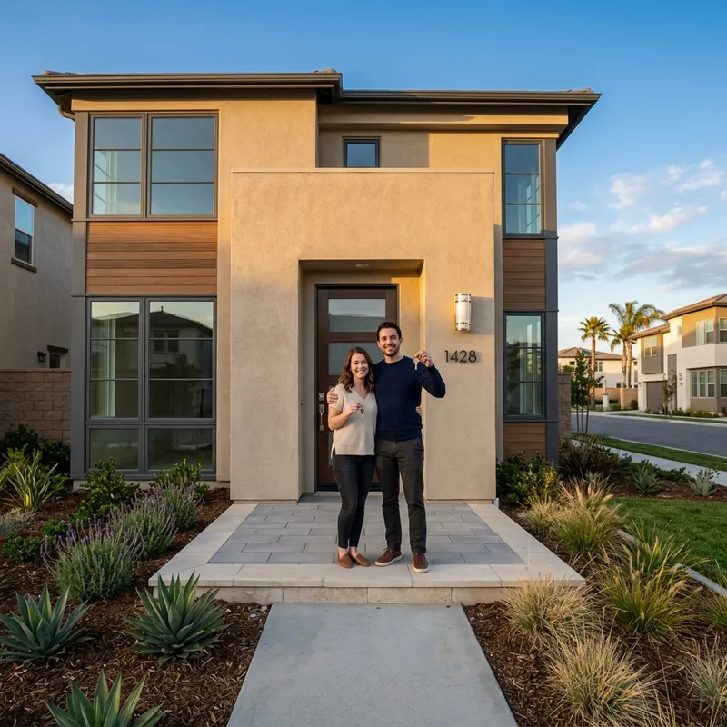 Couple holding keys at newly built home entrance
