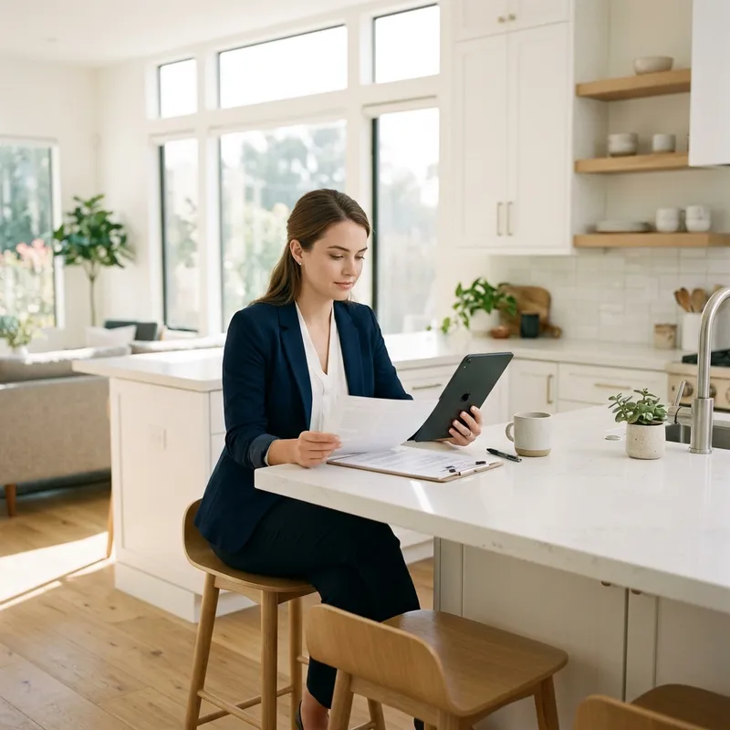 Woman reviewing documents at new home kitchen island