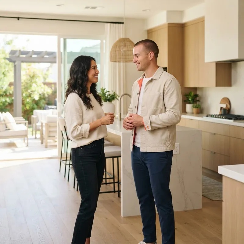 Couple talking in a modern kitchen of a new home