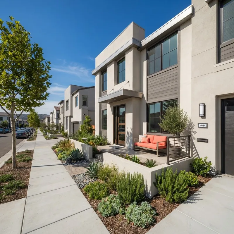 Modern new construction townhome exterior in Southern California