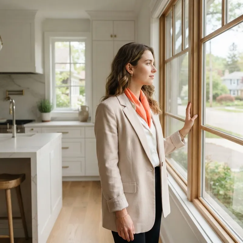 A young woman standing in a modern, bright kitchen looking out the window