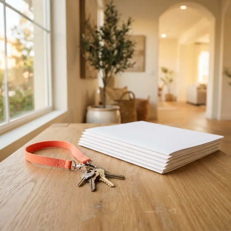 House keys and a folder on a table in a sunlit home