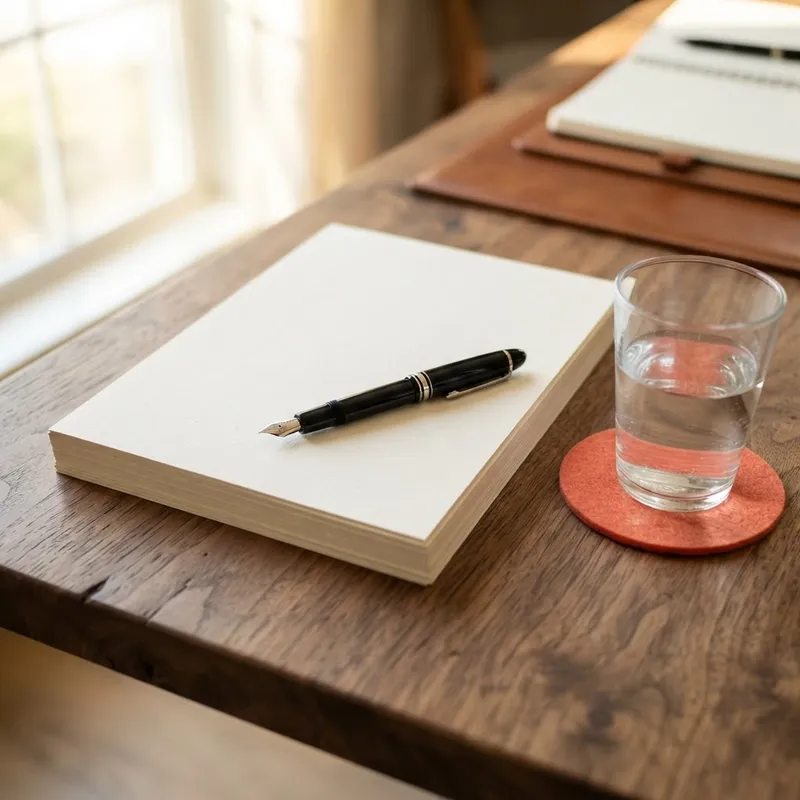 Close up of a pen and blank documents on a desk