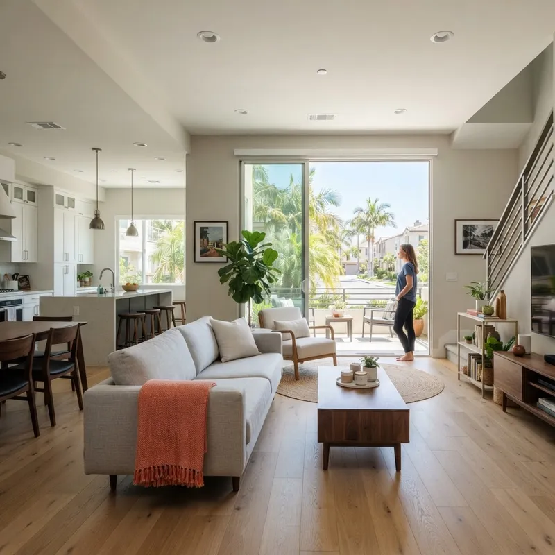 Modern open concept living room in a California townhome