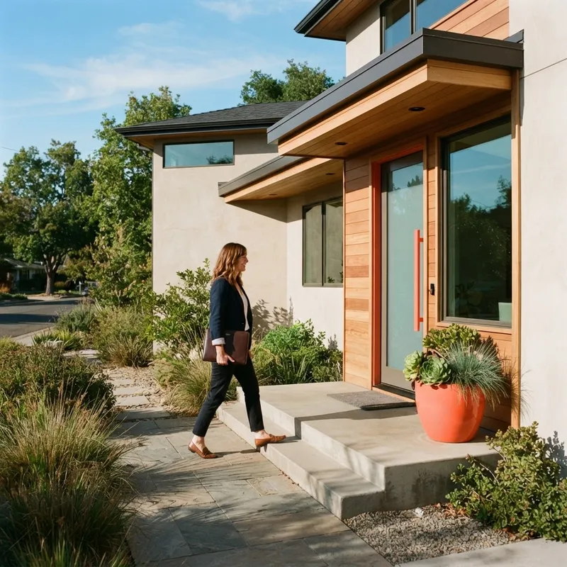 Person arriving at a modern new construction home